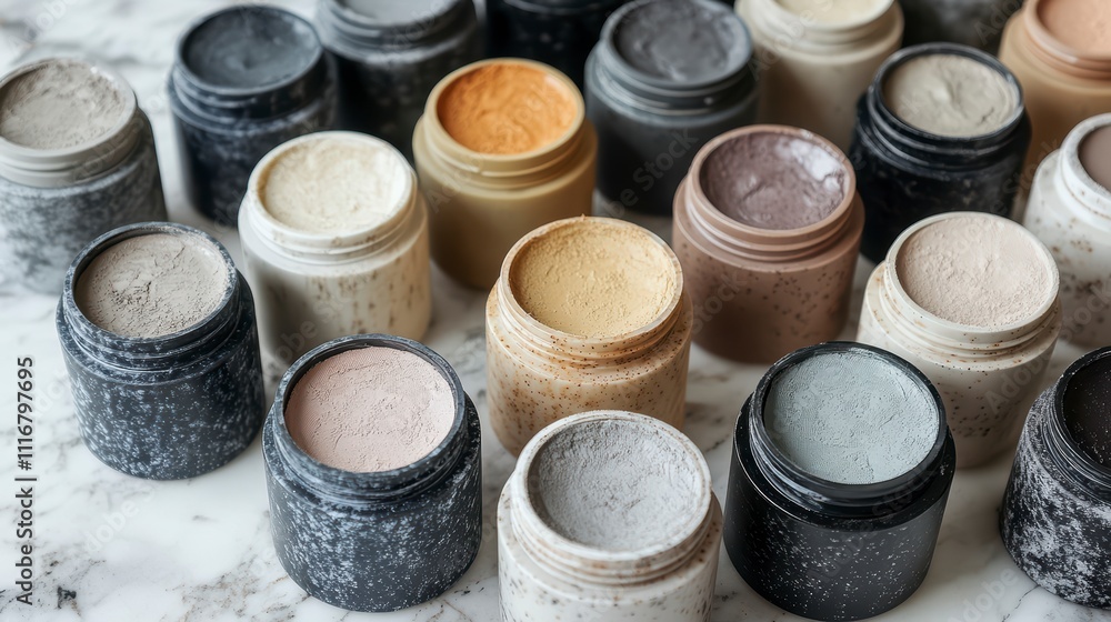 Leinwandbilder various jars of paint in an array of colors form a vibrant pattern against a smooth marble surface