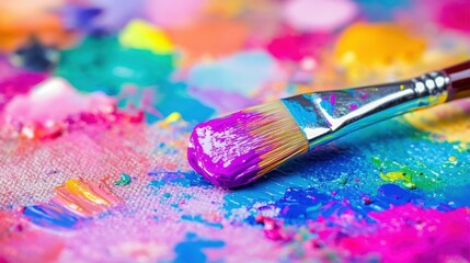 Fototapeta premium A vivid array of paint dollops on a palette, bursting with color and creativity, set against a soft, blurred backdrop.