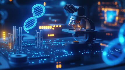 A scientific setting featuring a microscope and glowing test tubes, with a blue DNA helix and molecular patterns in a dark blue high-tech environment.