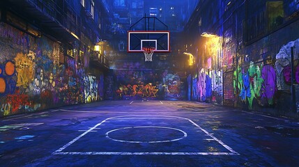 A vibrant urban basketball court adorned with colorful graffiti under a night sky.