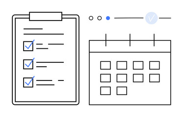 Clipboard with checklist and calendar with marked dates. Ideal for project management, to-do lists, scheduling, productivity, time management, organization, planning. Line metaphor