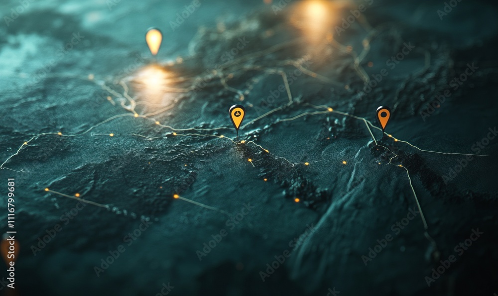 Poster map with location pins - a minimalistic map showing navigation, geolocation, and travel planning con
