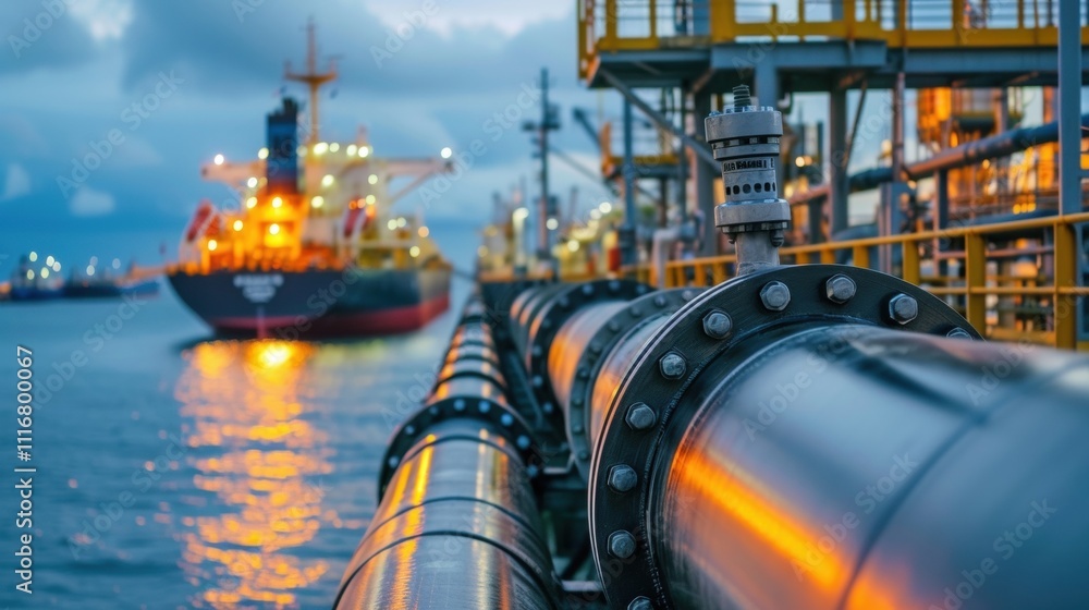 Aufkleber in this closeup image a pipeline and a tanker ship are side by side in a bustling port highlighting 