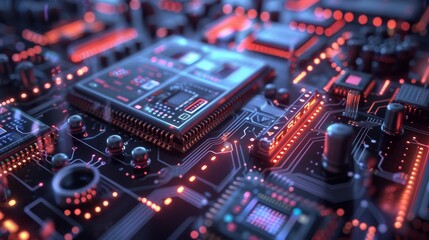 Obraz premium Quantum Computing Interface: Futuristic quantum computing devices interacting with classical data center infrastructure, accelerating complex calculations