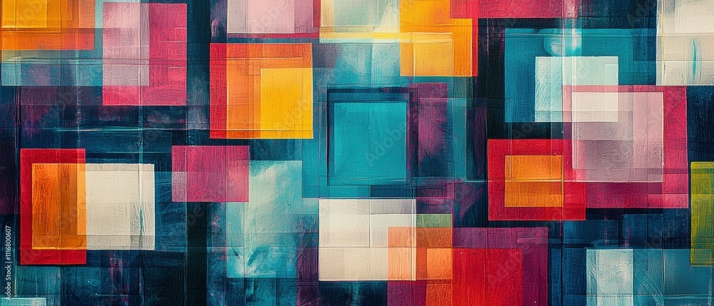 Poster creating digital overlapping square patterns subtle color gradients in abstract art