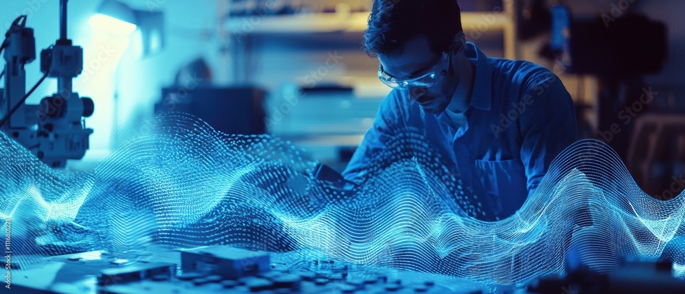 Poster engineer testing digital wave patterns in a high-tech lab environment for innovative solutions