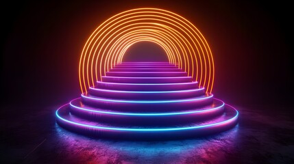 Obraz premium Futuristic glowing stairs leading through a neon maze, surrounded by holographic symbols, Sci-Fi, Neon