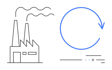Factory with chimneys emitting smoke and a blue circular arrow symbolizing recycling and sustainability. Ideal for environmental awareness, industrial impact, ecology, pollution control, sustainable