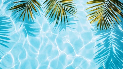 Fototapeta premium Crystal clear turquoise water sparkles gently under the bright sun, with the lush green palm leaves casting playful shadows on the surface, creating a tranquil atmosphere perfect for relaxation