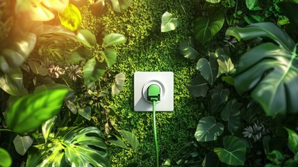 A white electrical outlet with a green plug and electrical wire, blending into a green wall surrounded by lush foliage, reflecting the theme of eco-friendly energy.