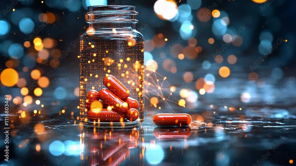 Poster red capsules in a glass jar illuminated by colorful bokeh lights on a reflective surface