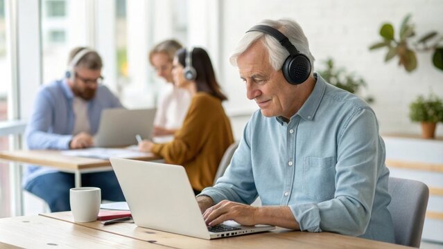A retiree with a calm demeanor seated in a shared workspace wearing noisecanceling headphones while writing a blog entry on his laptop. Surrounding him are fellow coworkers engaged