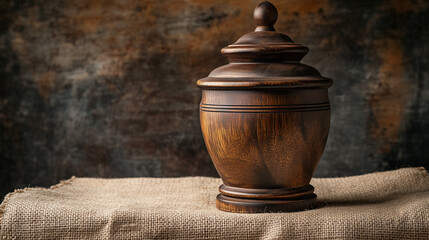 Rustic funeral urn, handcrafted from reclaimed wood, placed on a burlap-lined table with ample copy space to the left