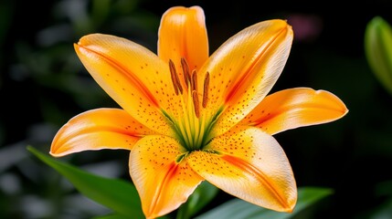 Fototapeta premium Vibrant Orange Lily in Bloom Showcasing Intricate Petals and Lush Green Backdrop