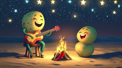 Naklejka premium Cartoon vegetables enjoying a musical campfire moment, potato on a stool playing guitar, chili pepper and small potato laughing on a starlit beach.