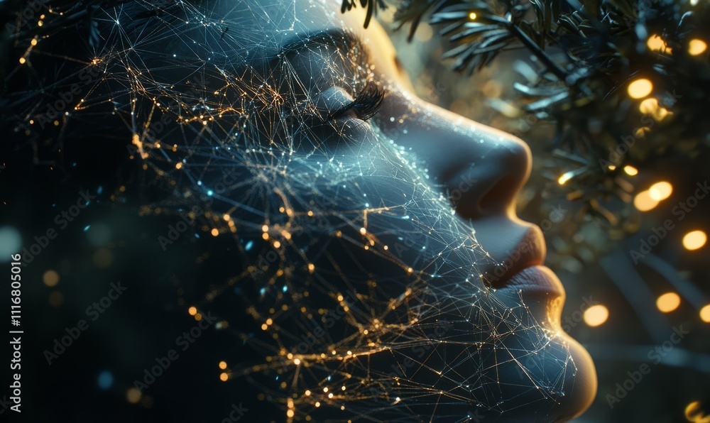 Poster in this futuristic rendering, a human profile is made up of interconnected digital nodes, illustrati
