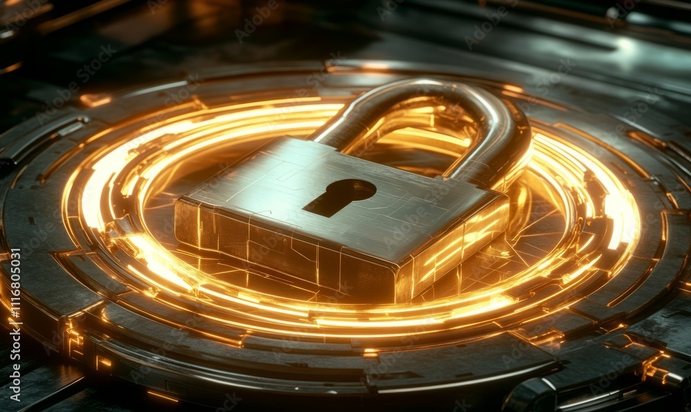 Poster in this digital security background, a high-tech padlock is enclosed in a glowing technological circ
