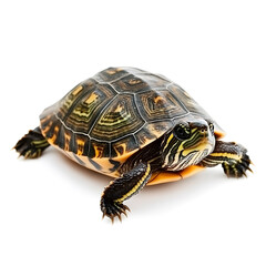 Fototapeta premium Close-up of a vibrant turtle with intricate patterns on a white background, showcasing its detailed shell and expressive features in natural light.