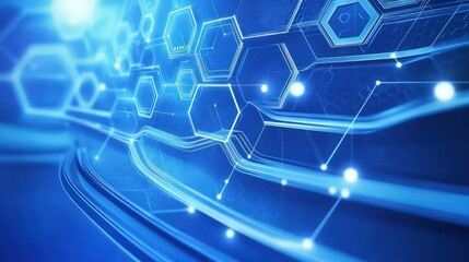 A modern abstract background with hexagonal structures and curved lines, symbolizing medical research and digital technology on a blue canvas.