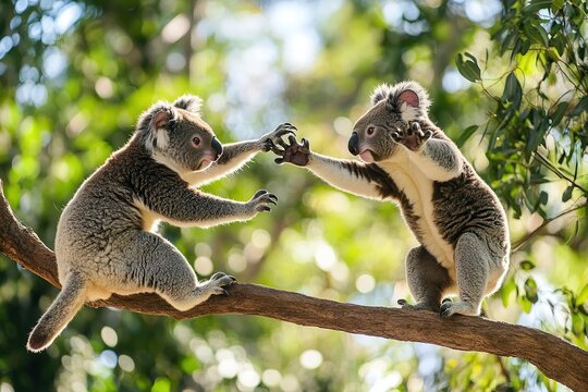 Two Koala Bears Playfully Interact On A Tree Branch