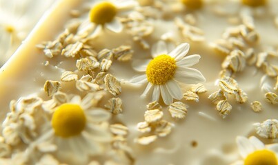 In this macro shot tiny specks of chamomile and oatmeal are embedded in a creamy soap base creating a soothing and nourishing experience for the skin.