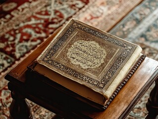 Ornate book rests on wooden stand, patterned rug below.