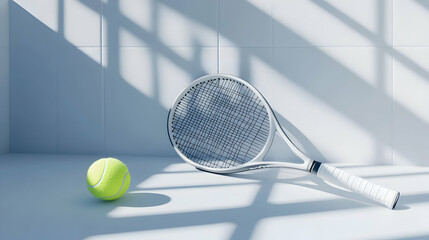 Tennis racket and ball placed on a white surface, great for sports illustrations or leisure visuals