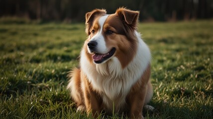 Happy Australian Shepherd sitting in grass.