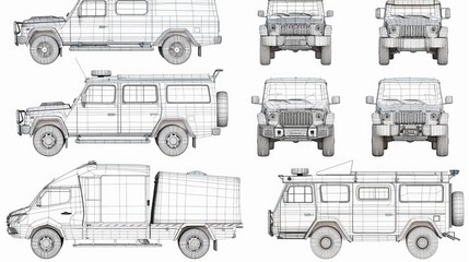 A technical drawing black, with white background of multiple Car