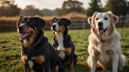 Three dogs, Appenzeller Sennenhund and Golden Retriever, sitting in a grassy field at sunset.