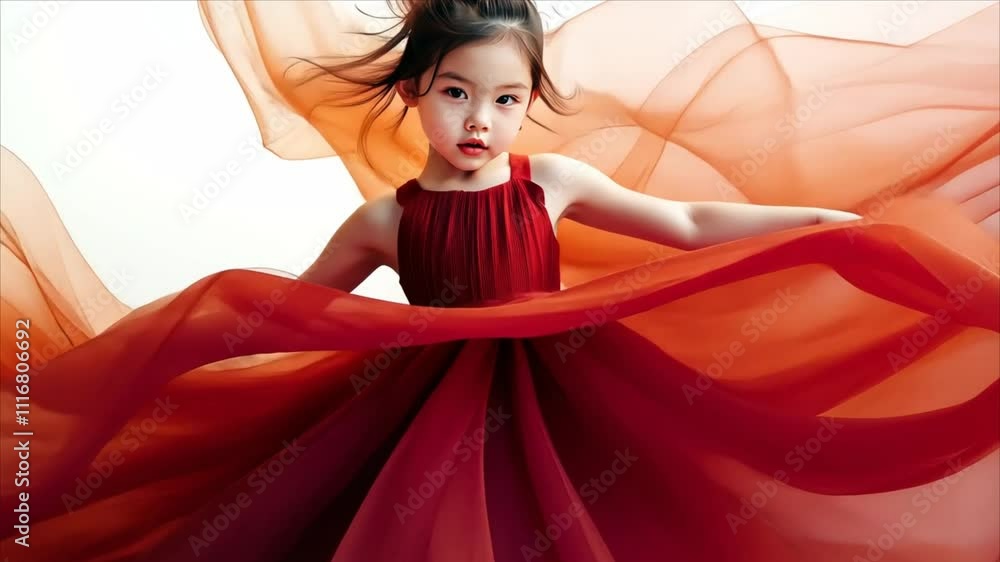 Aufkleber young girl elegantly posing with flowing fabric in artistic studio setting creating a captivating vi