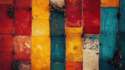 Aerial View of Colorful Agricultural Fields in Autumn with Vibrant Red, Yellow, and Blue Patches