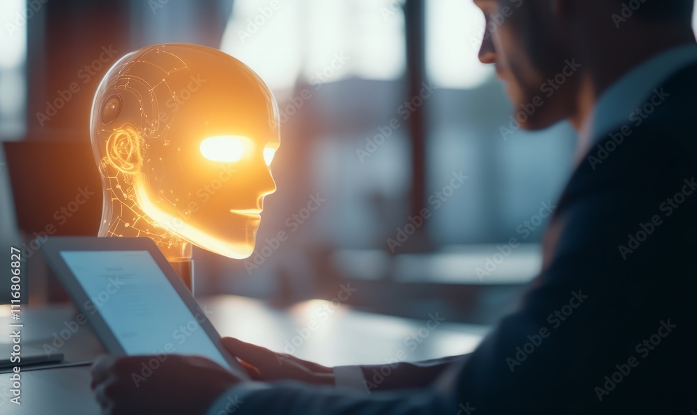 Poster it featured a blurry background of a businessman using a tablet on his desk with a glowing robot hea