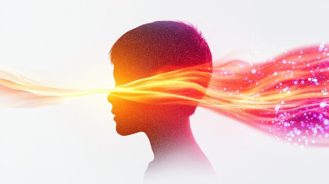 Abstract horizontal banner, silhouette of a boy amidst dynamic colorful strokes, soft light texture, concept of ADHD and autism, awareness and education design