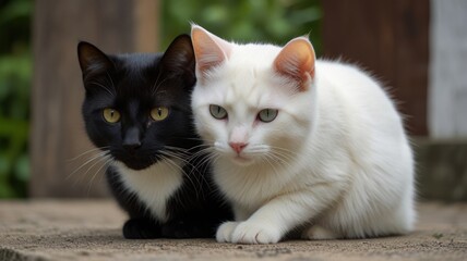 Two cats, one black and one white, sitting close together outdoors.
