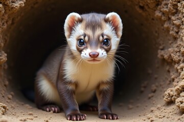 Fototapeta premium Curious baby ferret peers out of a tunnel with big wide eyes