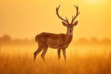 Obraz premium Majestic deer standing in golden field at sunrise