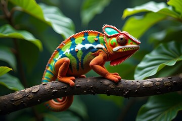 Obraz premium Vibrant panther chameleon on tree branch amidst lush greenery