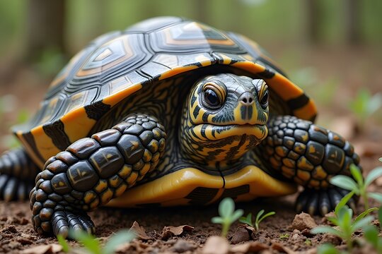 Close-up of ornate turtle crawling on forest floor with detailed shell patterns