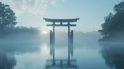 Naklejka premium Serene gate, misty water, tranquil dawn.