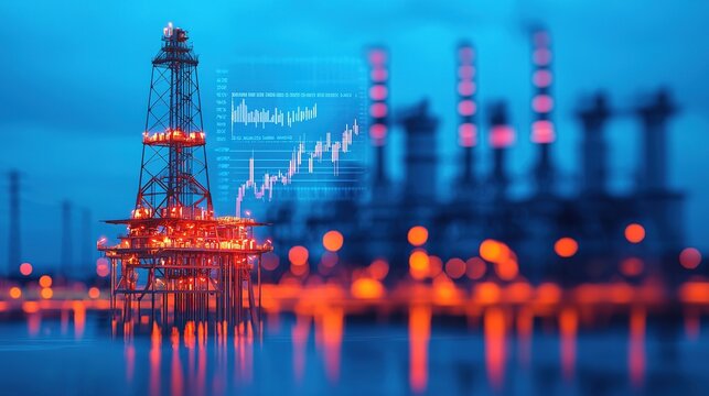 A vibrant oil rig with a background of industrial structures, symbolizing energy production and economic growth. - Powered by Adobe