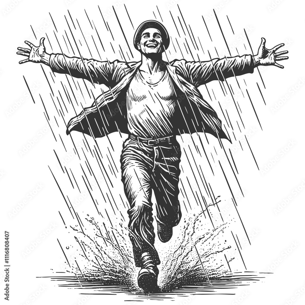 Poster man in suit running joyfully through the rain, expressing freedom and happiness in an engraved style