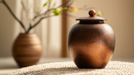Unique funeral urn, handcrafted copper with a hammered texture, resting on a soft woven surface with clear copy space above