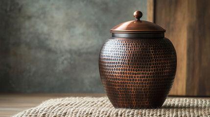 Unique funeral urn, handcrafted copper with a hammered texture, resting on a soft woven surface with clear copy space above