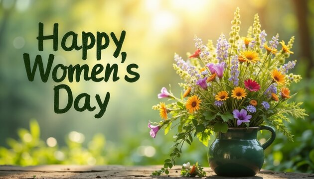 Bright wildflower bouquet in a green ceramic pitcher, with 'Happy Women's Day' text and a soft green background.Vibrant flowers in harmony, celebrating beauty and joy. freshness, vitality, and a celeb