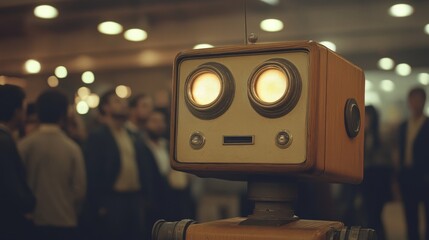Unique retro robot interacts with guests at a modern event in a lively venue