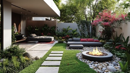 Modern backyard oasis with fire pit, lounge furniture, and lush landscaping.