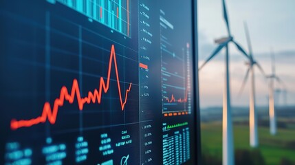A digital dashboard displaying data analytics with wind turbines in the background, illustrating renewable energy trends and metrics.