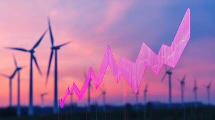 The image shows wind turbines against a colorful sunset, with an overlaid upward trend graph in pink, symbolizing growth in renewable energy.