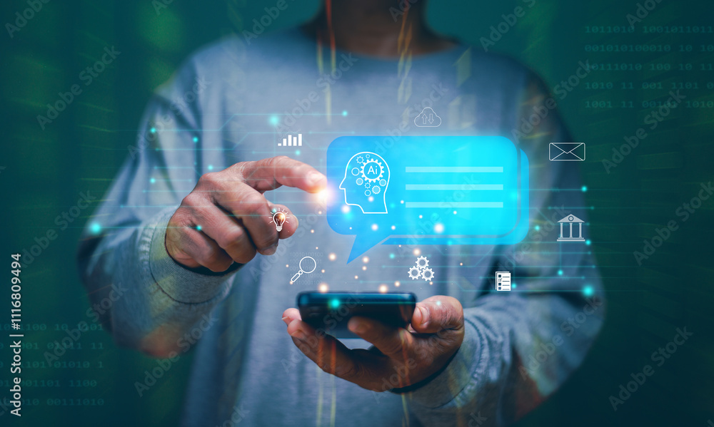Poster Artificial Intelligence, Businessman using technology AI to be assistant in creating information for business. Futuristic technology transformation, Ai technology, Generate something by AI.
